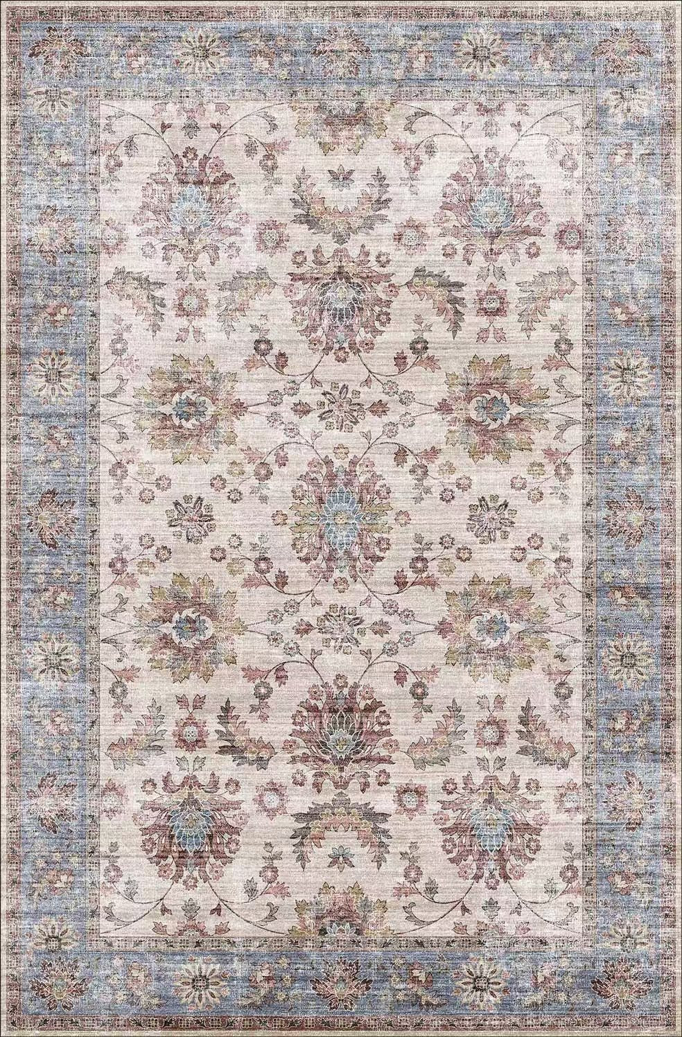 Decorative floral rug with a pattern of flowers and leaves on a beige background