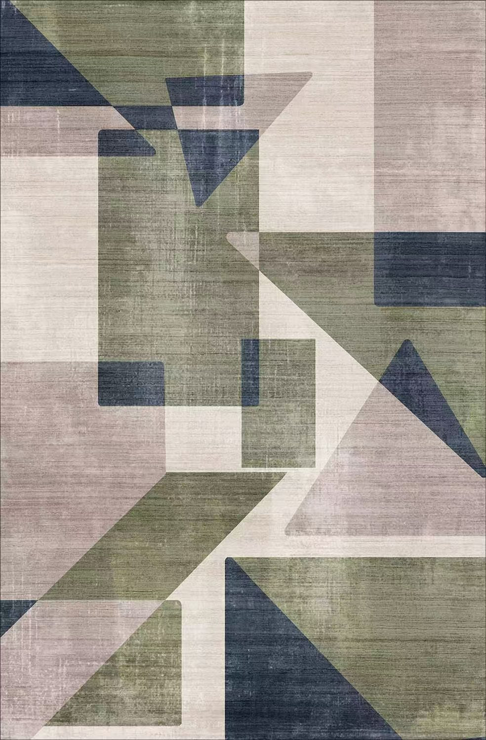 Geometric patterned rug with triangles in green, blue, and beige.