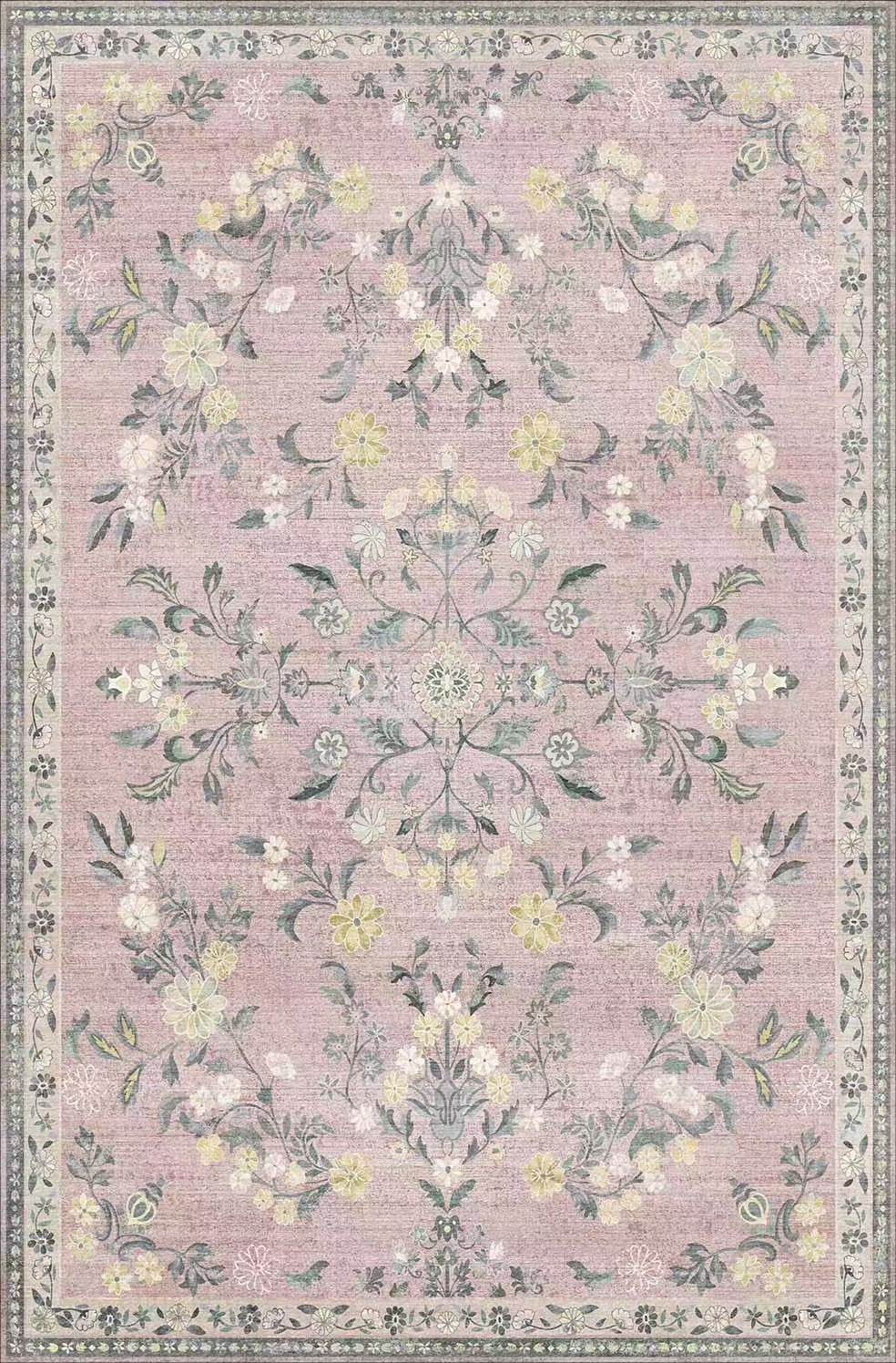 Floral patterned rug with a pink background