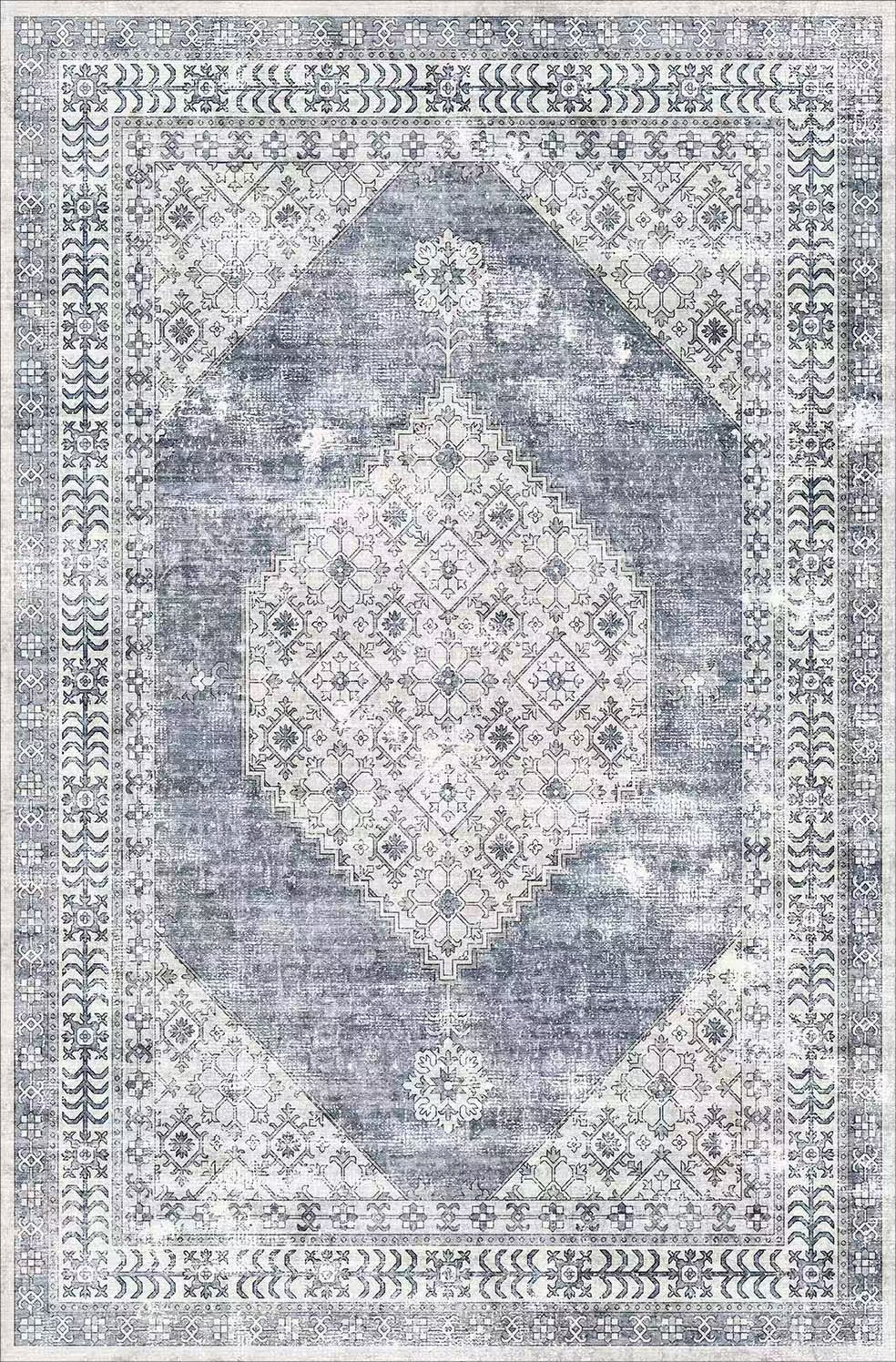 Decorative rug with geometric pattern in blue and gray tones