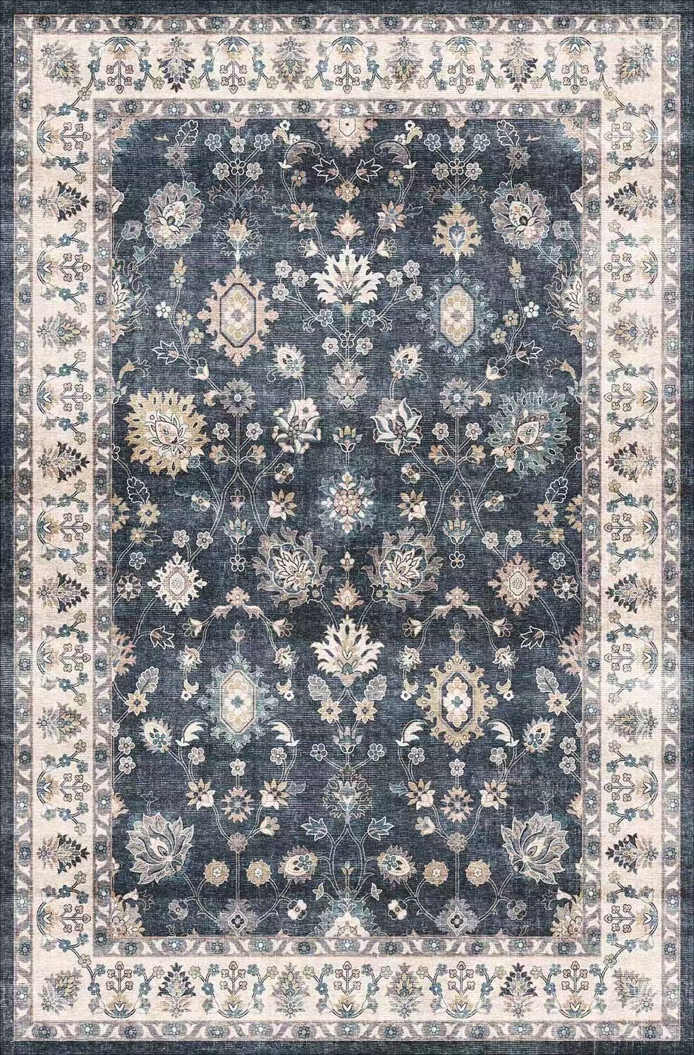 Decorative floral rug with a blue and beige pattern on a white background