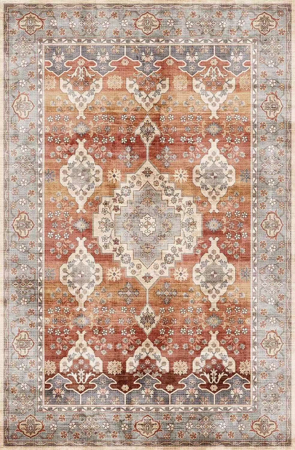 Decorative rug with geometric pattern in earthy tones on a plain background