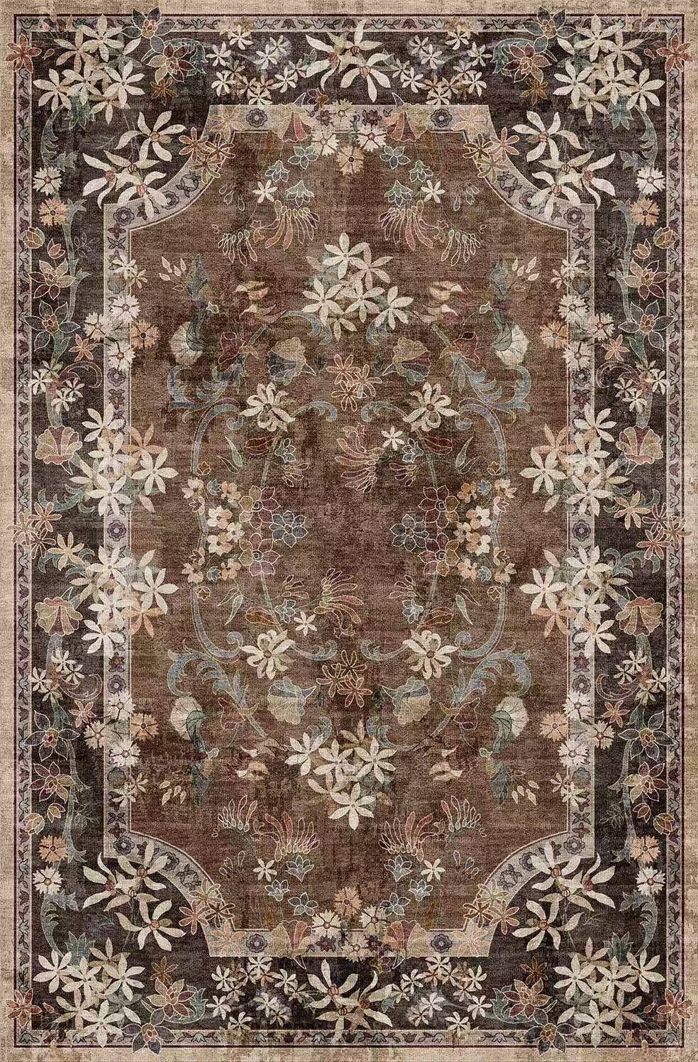 Decorative rug with floral patterns on a brown background