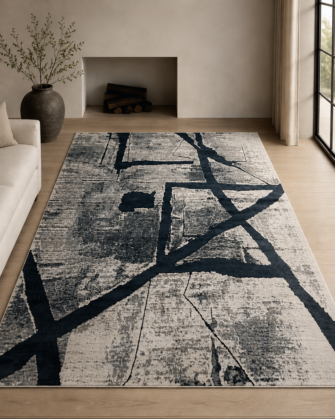 Modern rug with abstract design in a living room setting