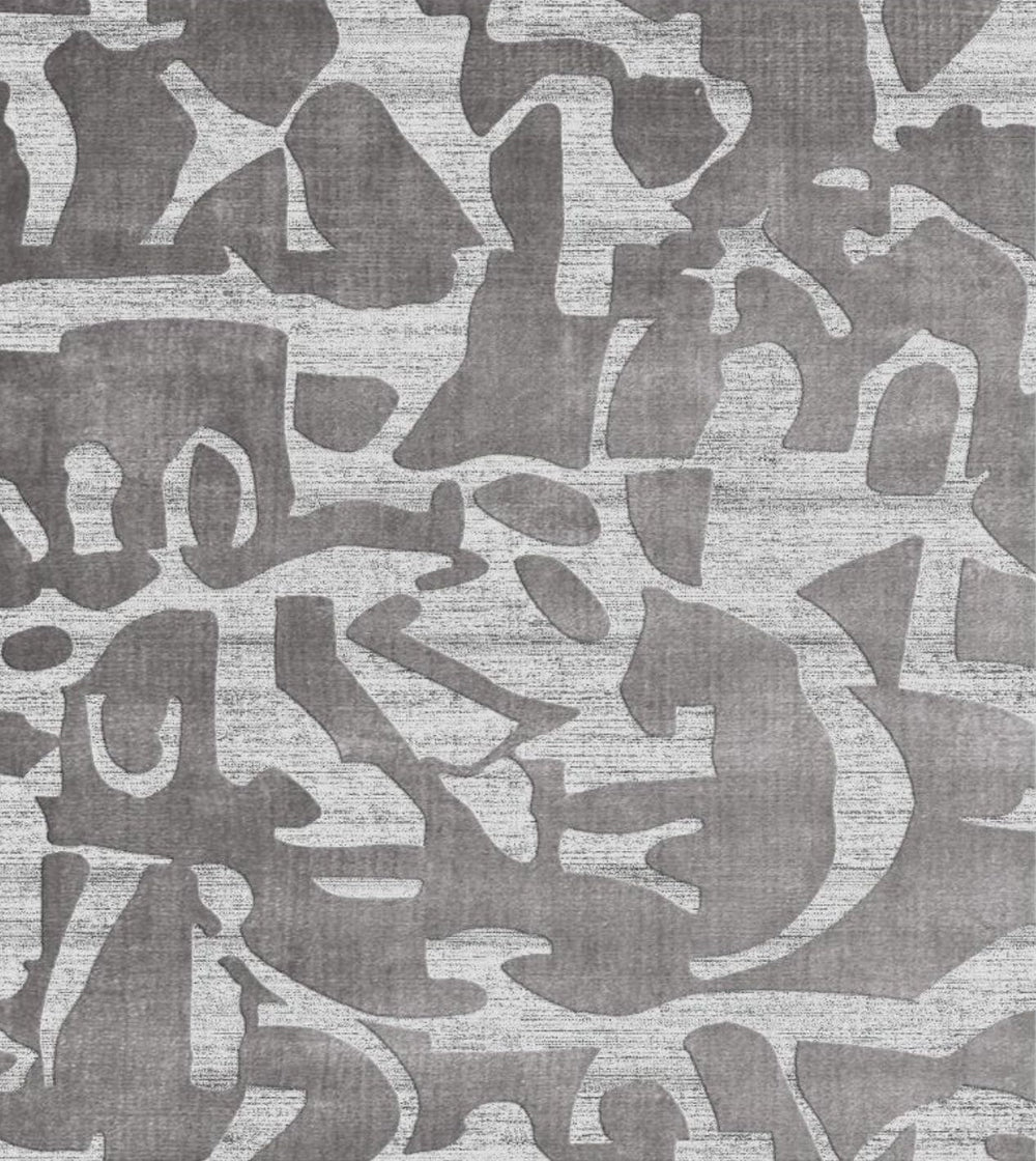 Patterned rug with abstract design in gray tones background