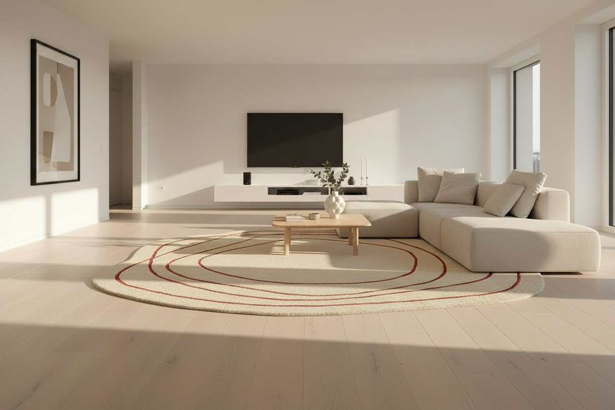 Modern room with a rug featuring concentric circles on a light wood floor.