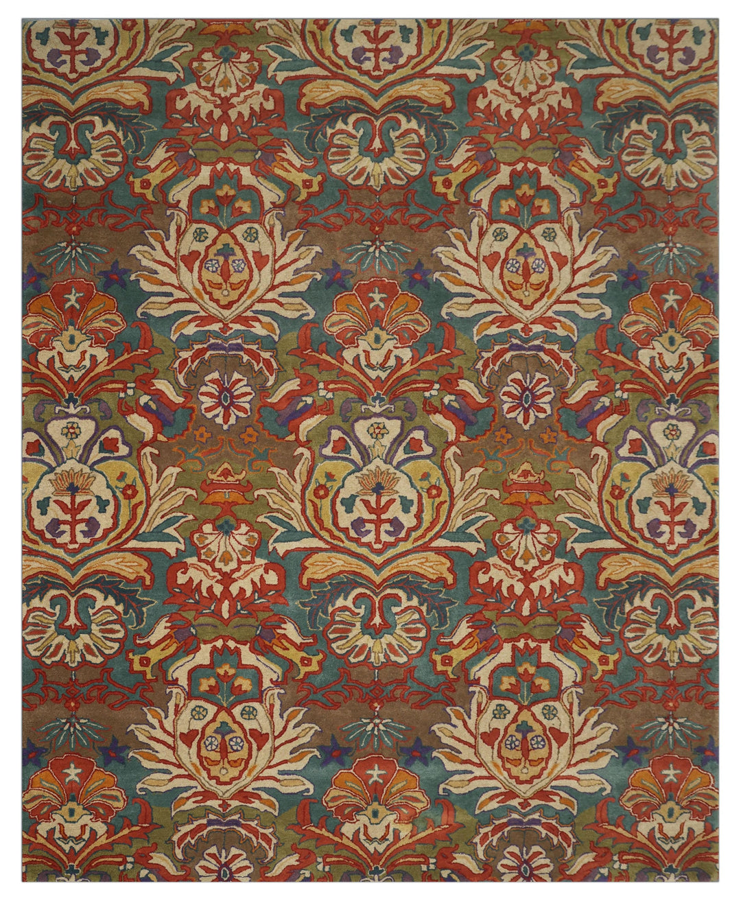 Decorative rug with intricate patterns in red, blue, and beige on a brown background