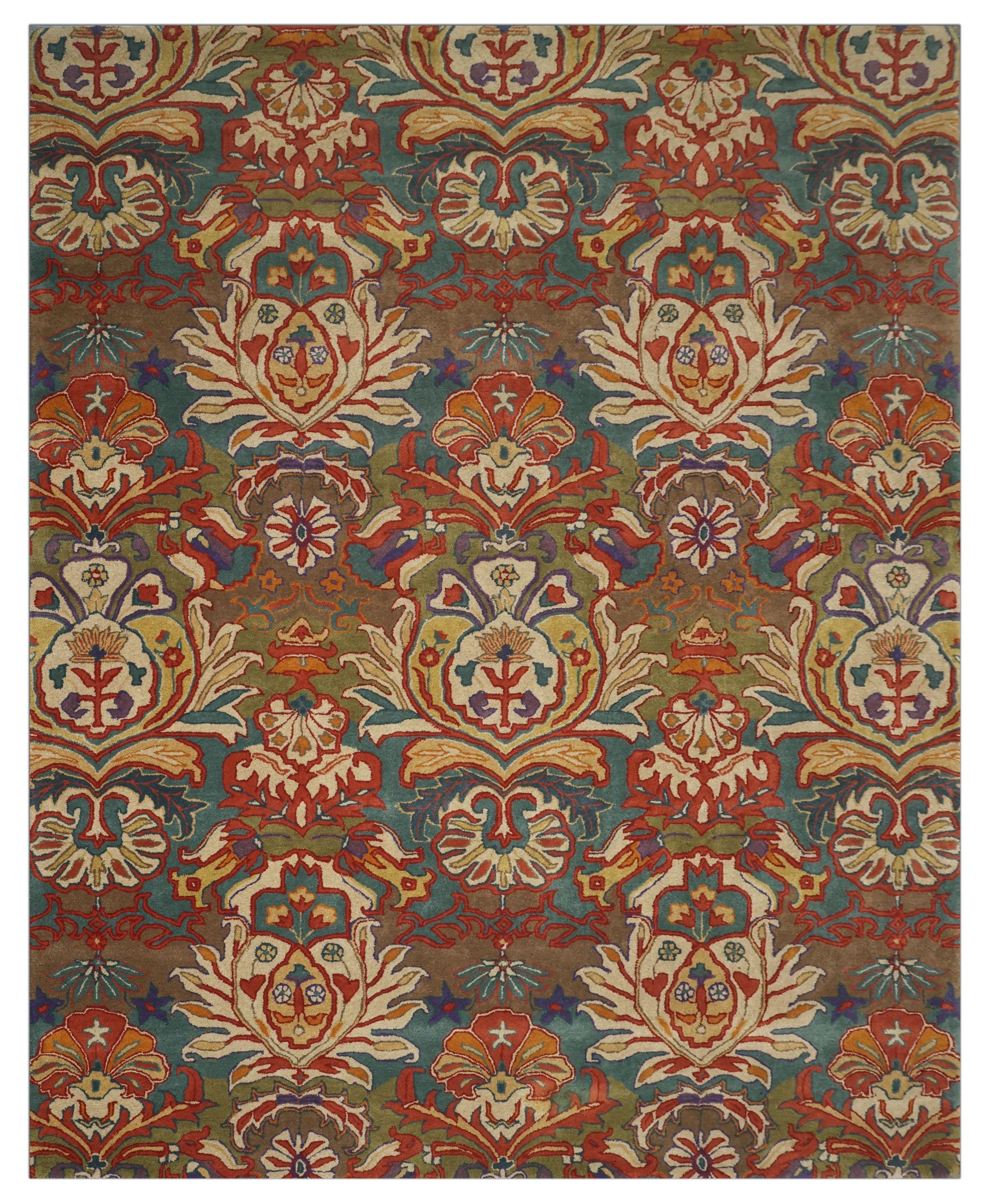 Decorative rug with intricate patterns in red, blue, and beige on a brown background