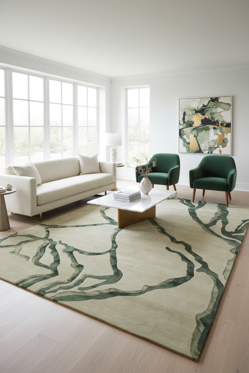 Modern living room with a green and beige rug, white sofa, and abstract painting.