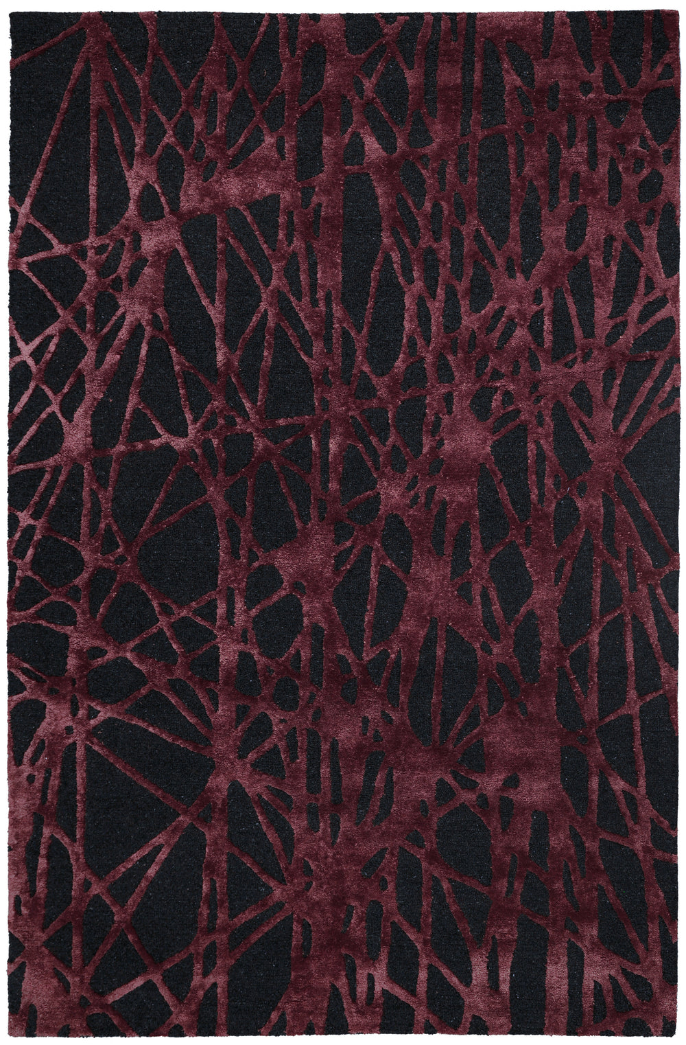 A rectangular area rug with an abstract, organic network pattern in deep burgundy over a black background.