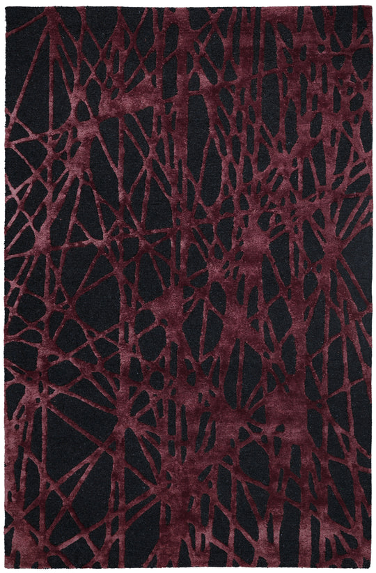 A rectangular area rug with an abstract, organic network pattern in deep burgundy over a black background.