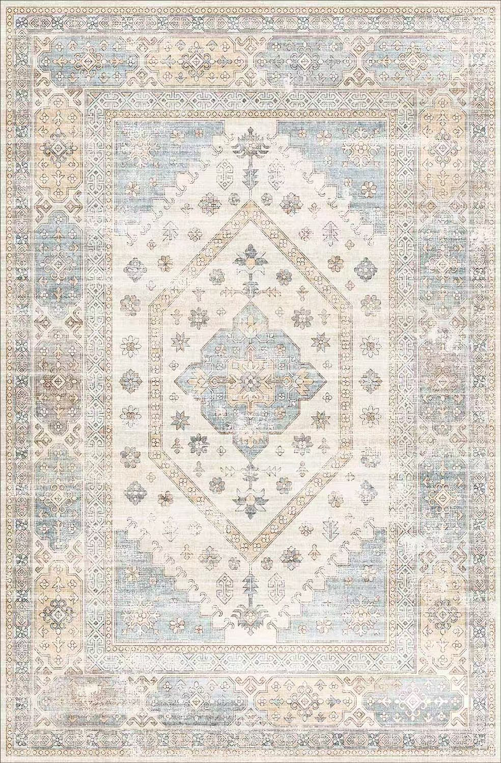Decorative rug with intricate patterns in beige, blue, and brown on a light background