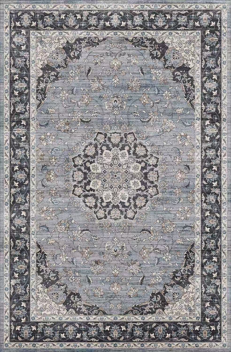 Decorative rug with a central floral design and intricate border on a light blue background