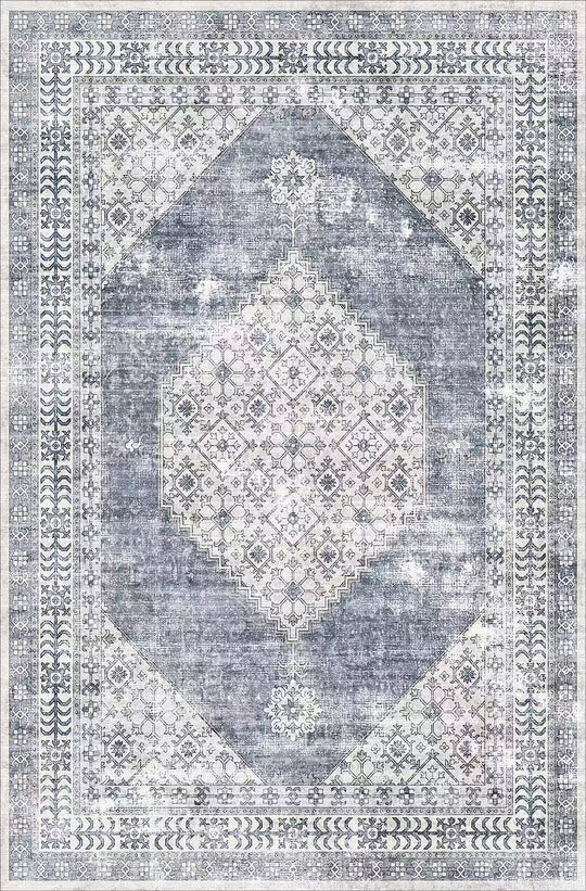 Decorative rug with geometric pattern in blue and gray tones