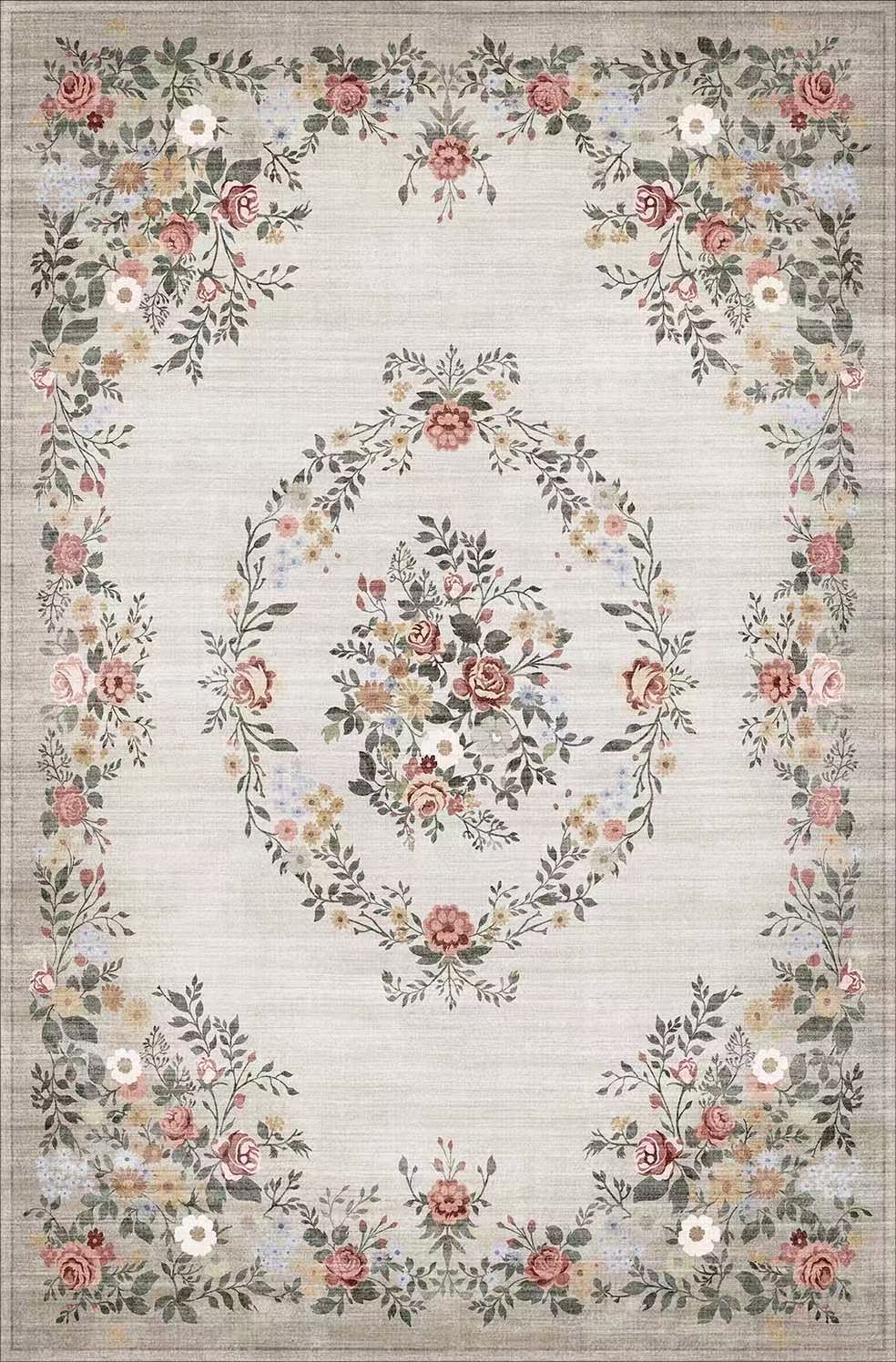 Floral patterned rug with a decorative border on a light background