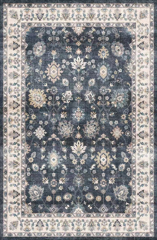 Decorative floral rug with a blue and beige pattern on a white background