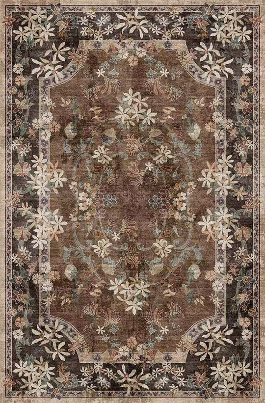 Decorative rug with floral patterns on a brown background