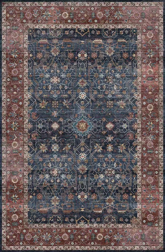 Decorative rug with intricate patterns in blue and brown colors