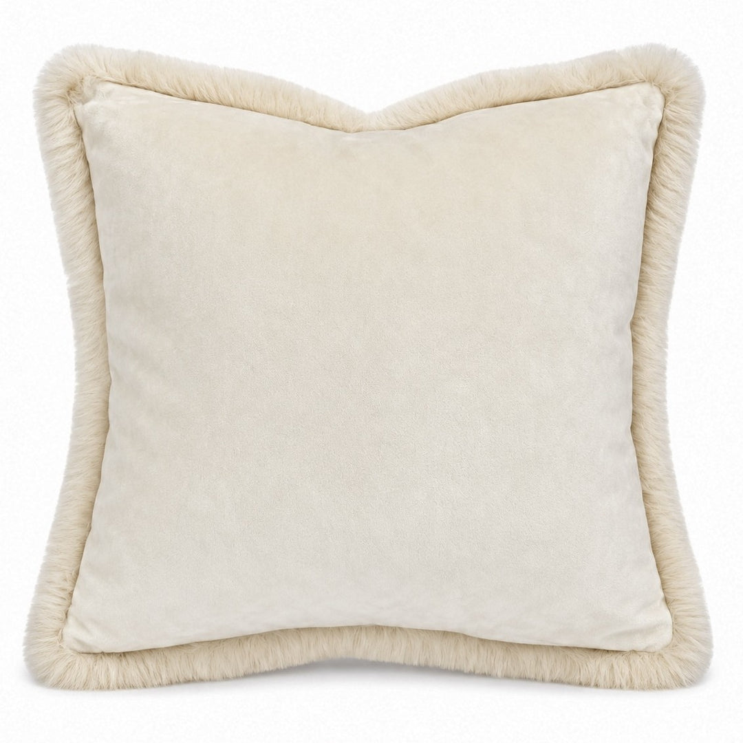 Beige pillow with textured trim on a white background