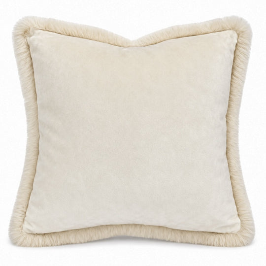 Beige pillow with textured trim on a white background