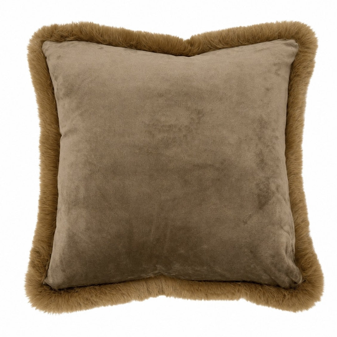 Copper pillow with fur trim on a white background