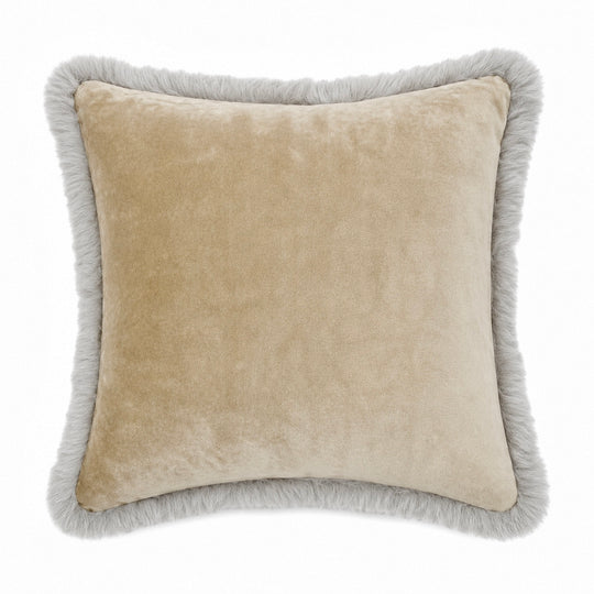 Cozy Mocha pillow with gray fringes on a white background