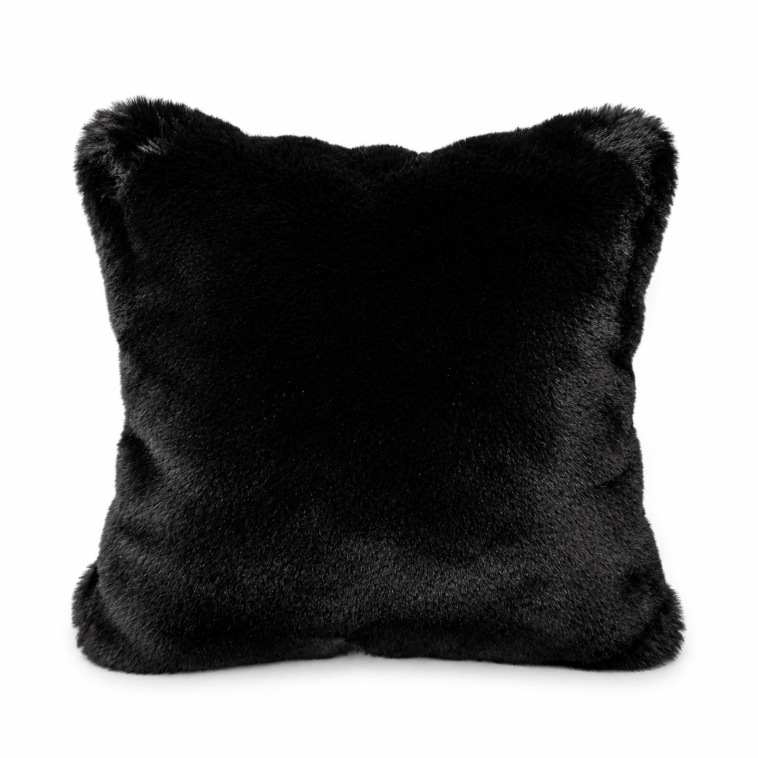 Jet Black faux fur pillow on a white background