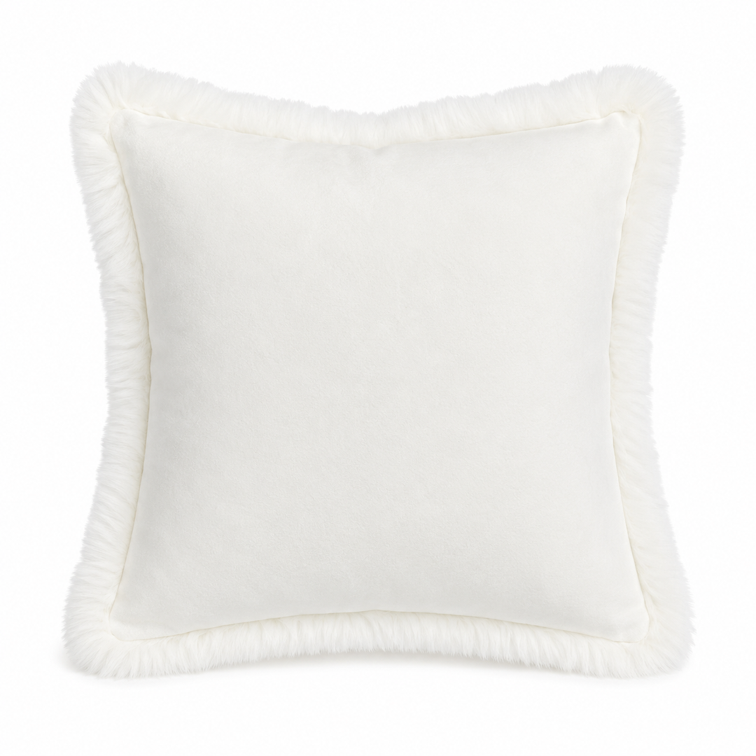 White decorative pillow with ruffled edges on a white background