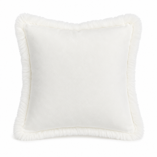 White decorative pillow with ruffled edges on a white background