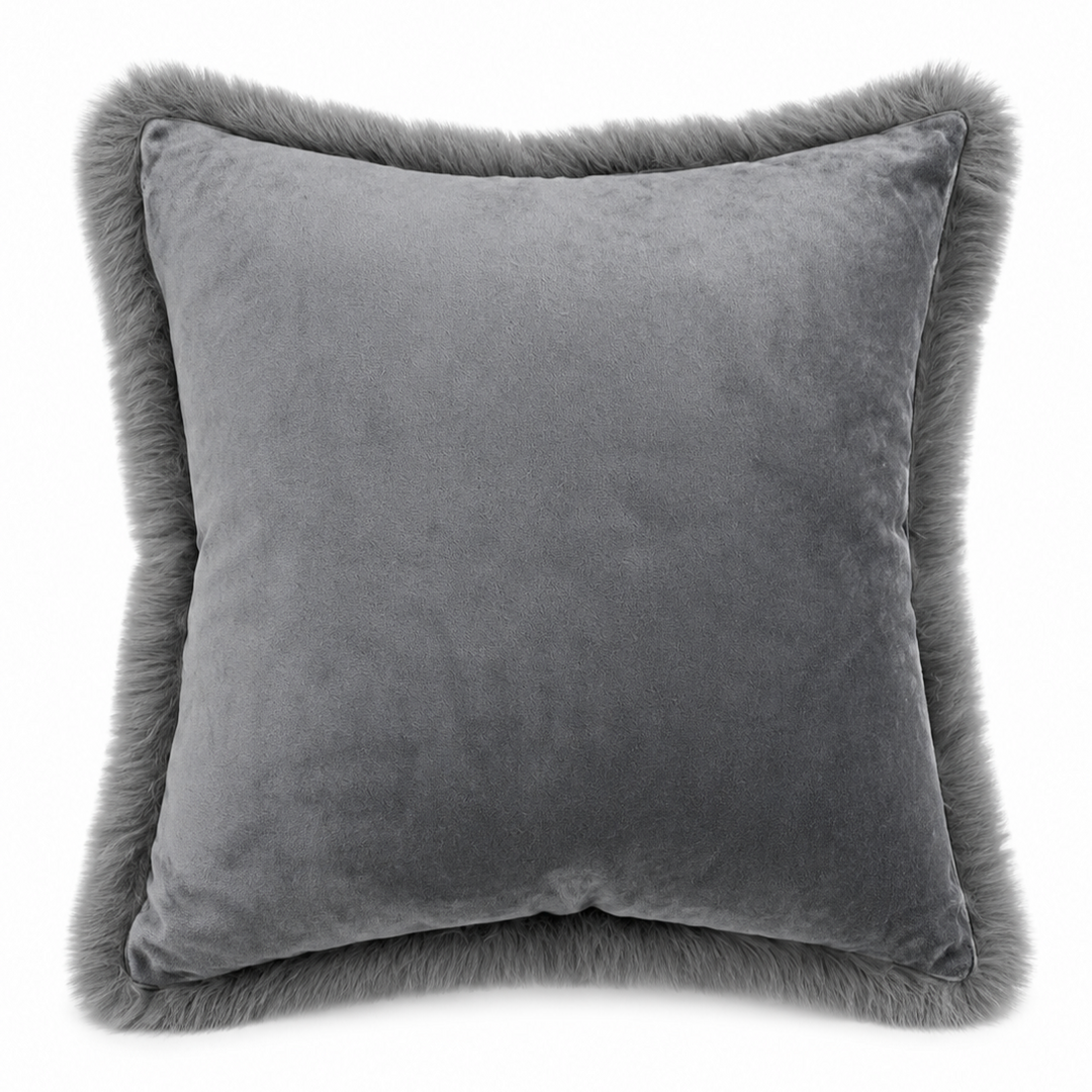 Smokey Gray pillow with fur trim on a white background