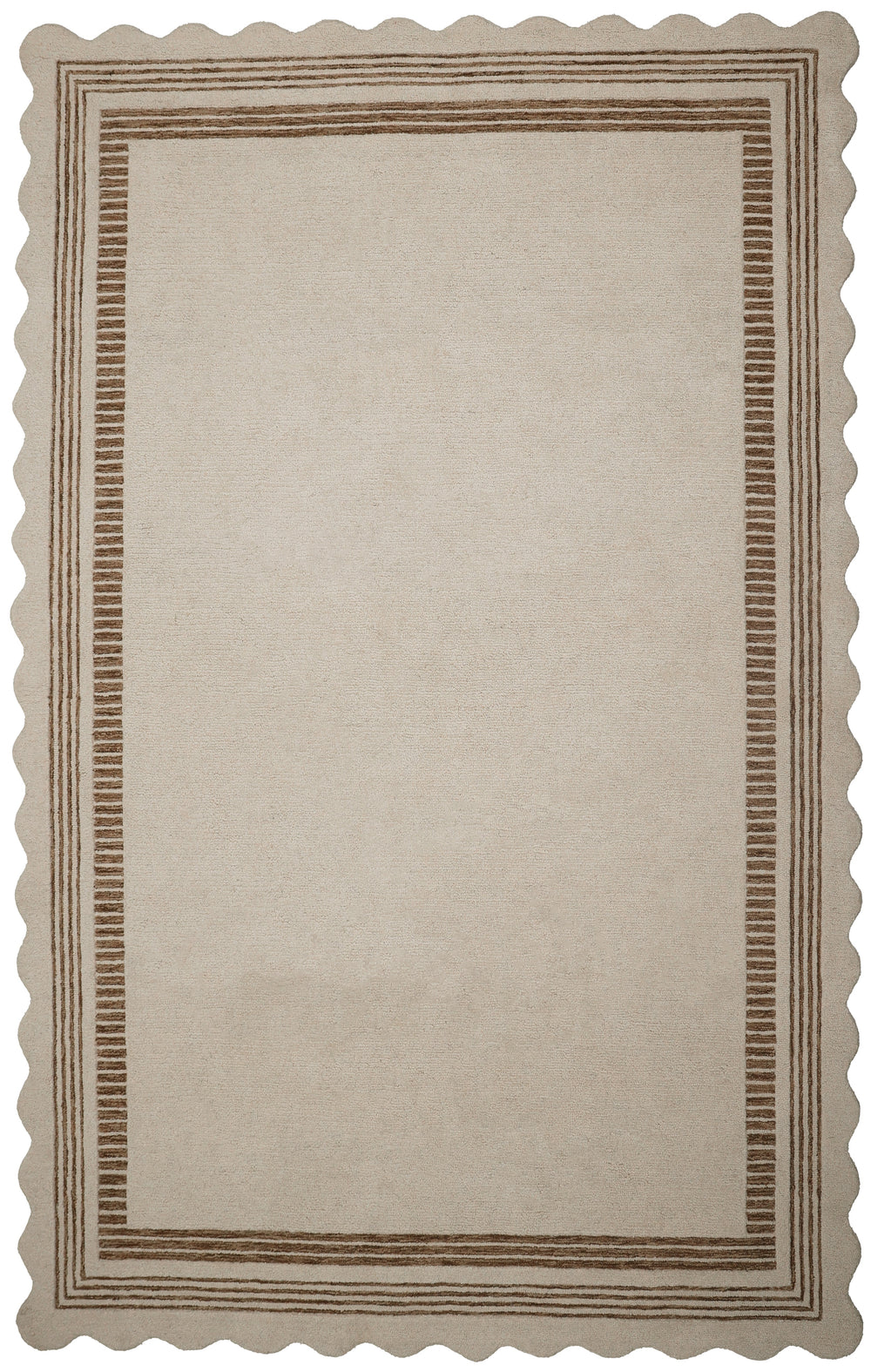 A rectangular beige rug with a scalloped edge and a decorative border pattern in brown, shown flat against a white background.