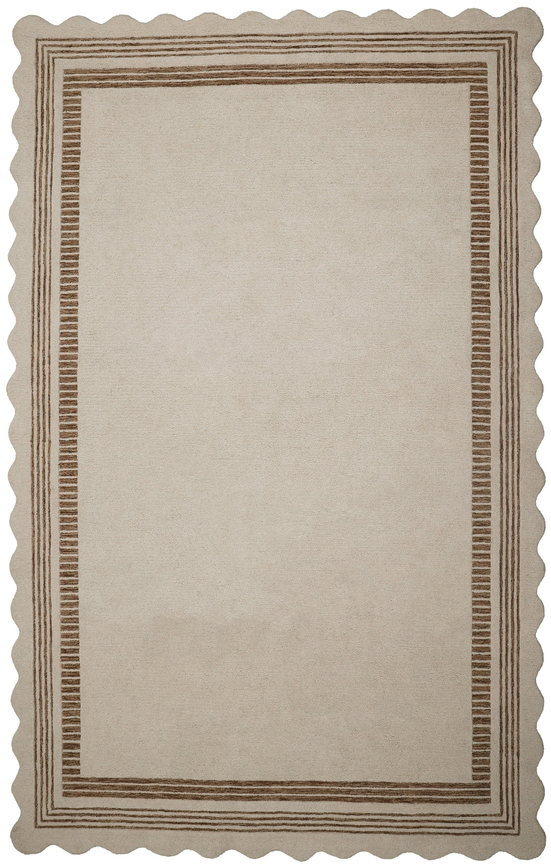 A rectangular beige rug with a scalloped edge and a decorative border pattern in brown, shown flat against a white background.