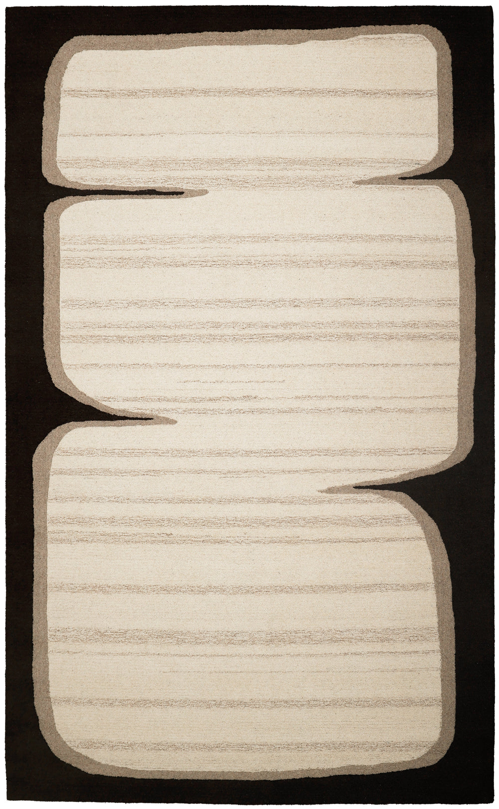 A modern abstract area rug featuring three large, wavy vertical shapes in cream and taupe with subtle vertical stripes, set against a solid dark brown border.