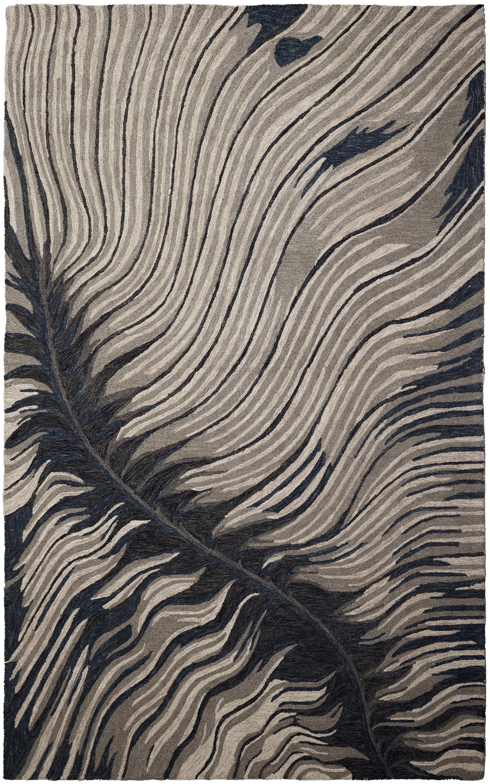 A close-up of a woven textile with an abstract wavy pattern in beige, taupe, and dark charcoal gray.