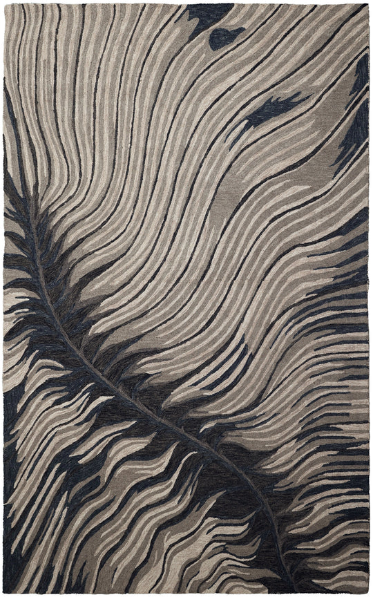 A close-up of a woven textile with an abstract wavy pattern in beige, taupe, and dark charcoal gray.