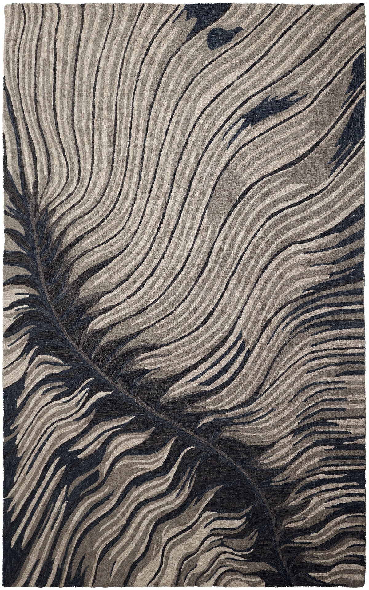A close-up of a woven textile with an abstract wavy pattern in beige, taupe, and dark charcoal gray.