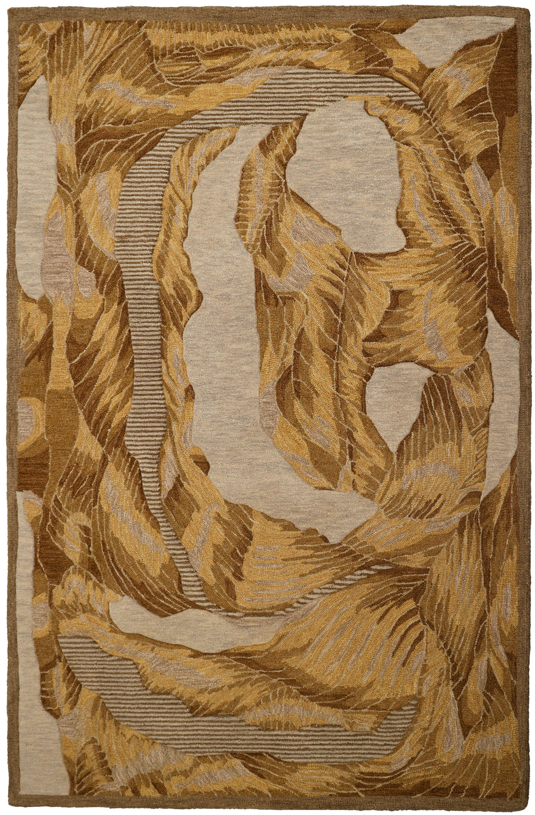 An abstract area rug with a textured, sculptural design featuring organic, layered leaf-like or wave-like forms in warm tan, brown, and beige tones.