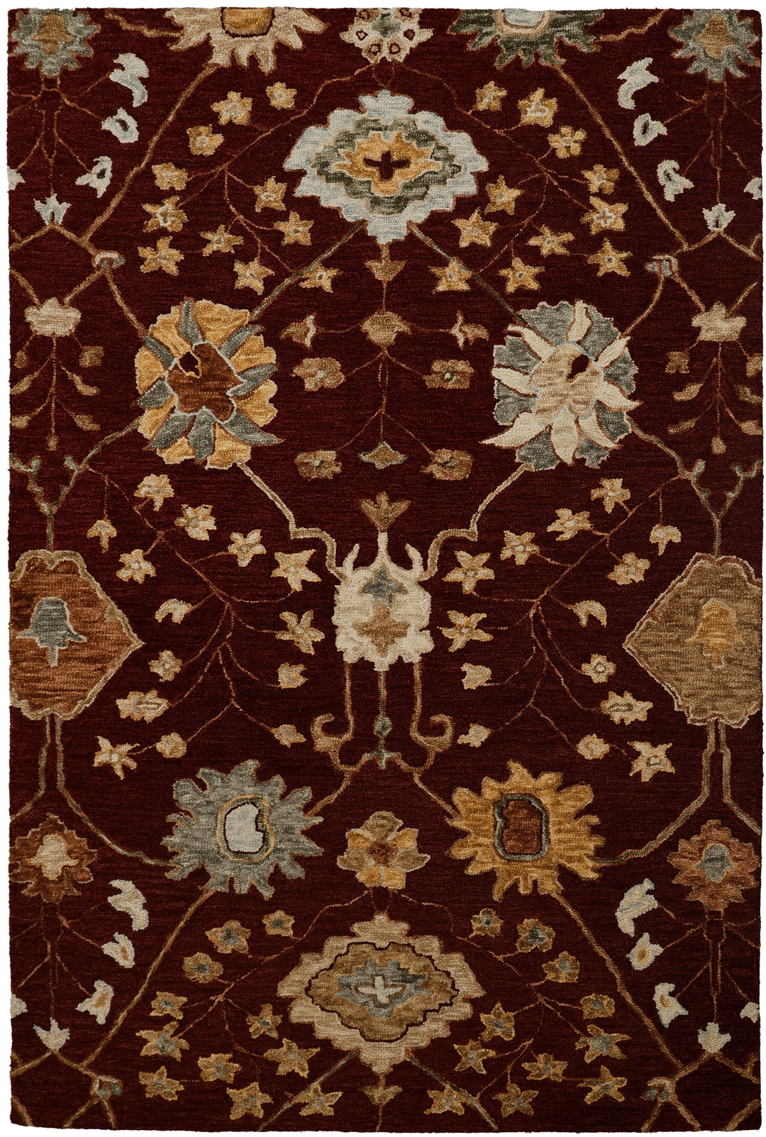 A square area rug with an intricate traditional floral and vine pattern on a deep burgundy background, featuring accents of beige, light blue, and gold.
