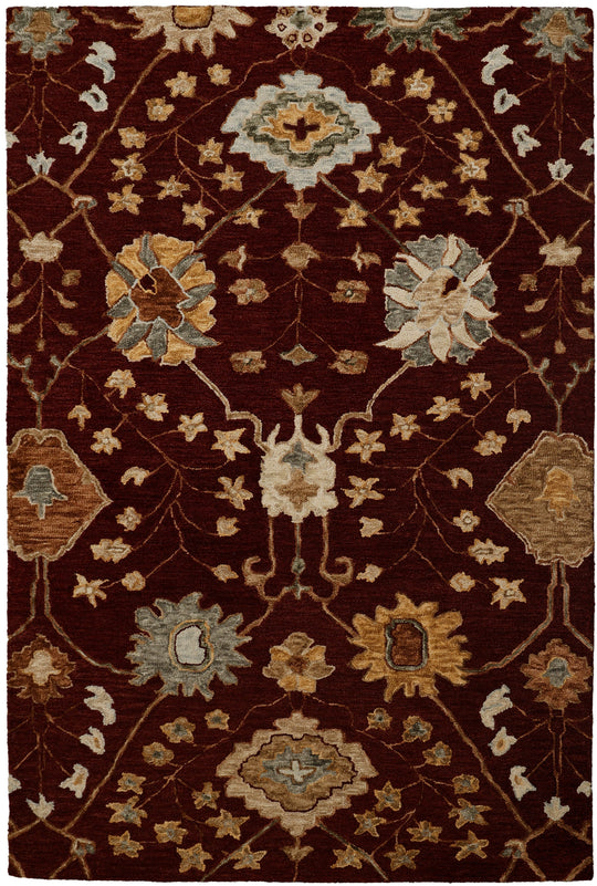 A square area rug with an intricate traditional floral and vine pattern on a deep burgundy background, featuring accents of beige, light blue, and gold.