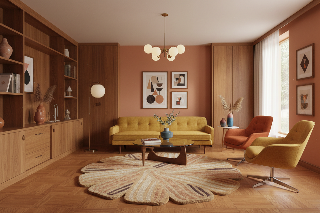 A styled mid-century modern living room featuring a mustard yellow tufted sofa, a matching accent chair, a yellow swivel chair, a flower-shaped patterned rug, and warm wood cabinetry and flooring.