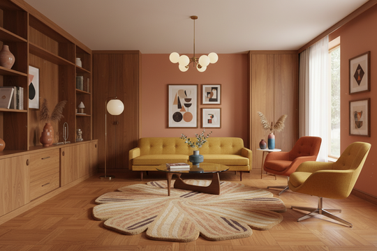 A styled mid-century modern living room featuring a mustard yellow tufted sofa, a matching accent chair, a yellow swivel chair, a flower-shaped patterned rug, and warm wood cabinetry and flooring.