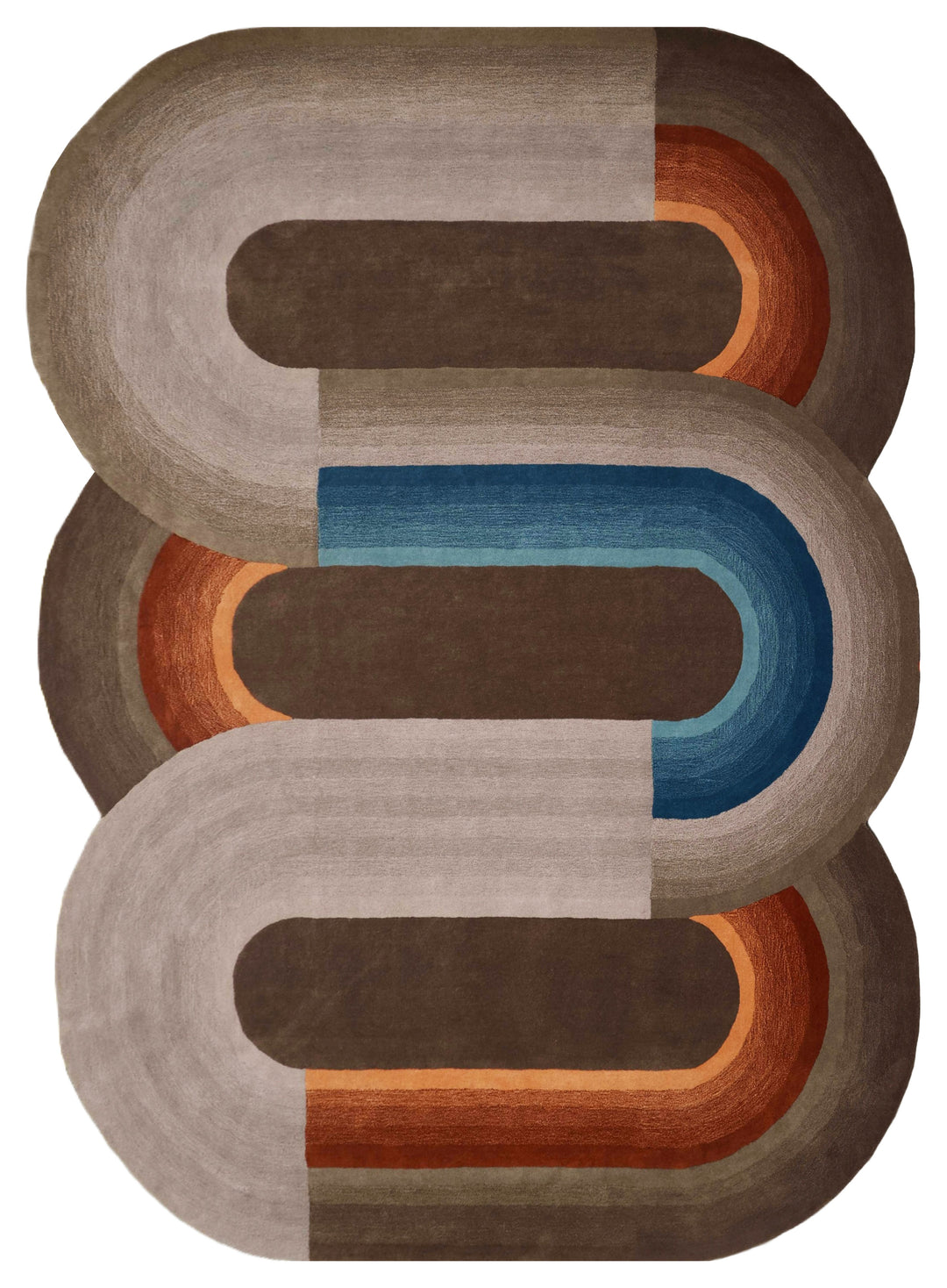 An abstract oval-patterned rug with layered concentric bands in taupe, brown, rust orange, and blue, arranged in three stacked vertical ovals on a white background.