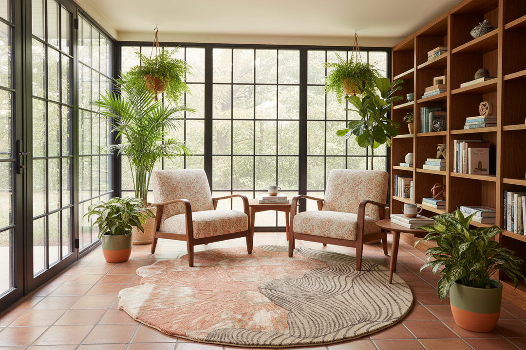 A cozy reading nook with two mid-century modern armchairs upholstered in a beige floral fabric, set on a round patterned rug. The room features a large wooden bookshelf on the right, black-framed glass windows looking out onto greenery, and several potted plants, including two hanging plants.