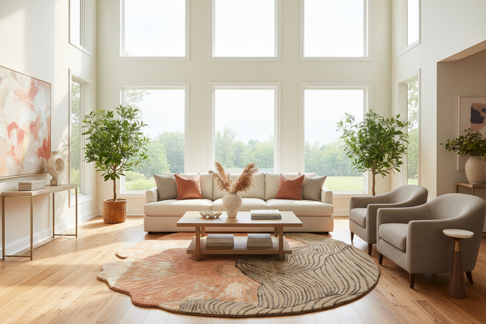 A bright, modern living room with a light beige sofa, two gray armchairs, a round patterned area rug, a wooden coffee table, and tall potted plants in front of large multi-pane windows.