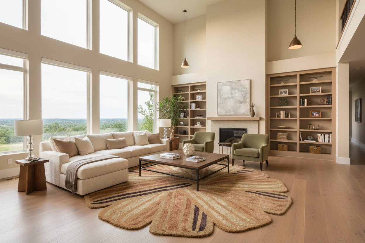A modern living room with a large beige sectional sofa, green armchairs, a patterned beige and brown area rug, built-in wooden bookshelves, and tall windows with a view of trees outside.