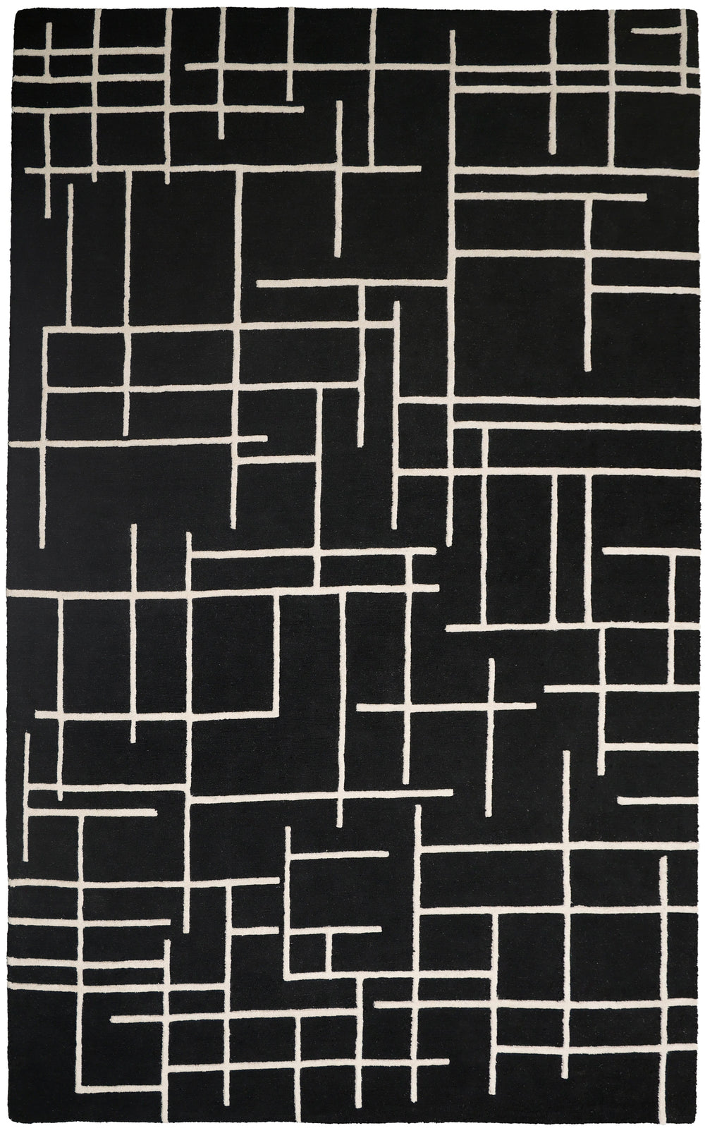 A square black rug with a cream-colored abstract geometric line pattern.