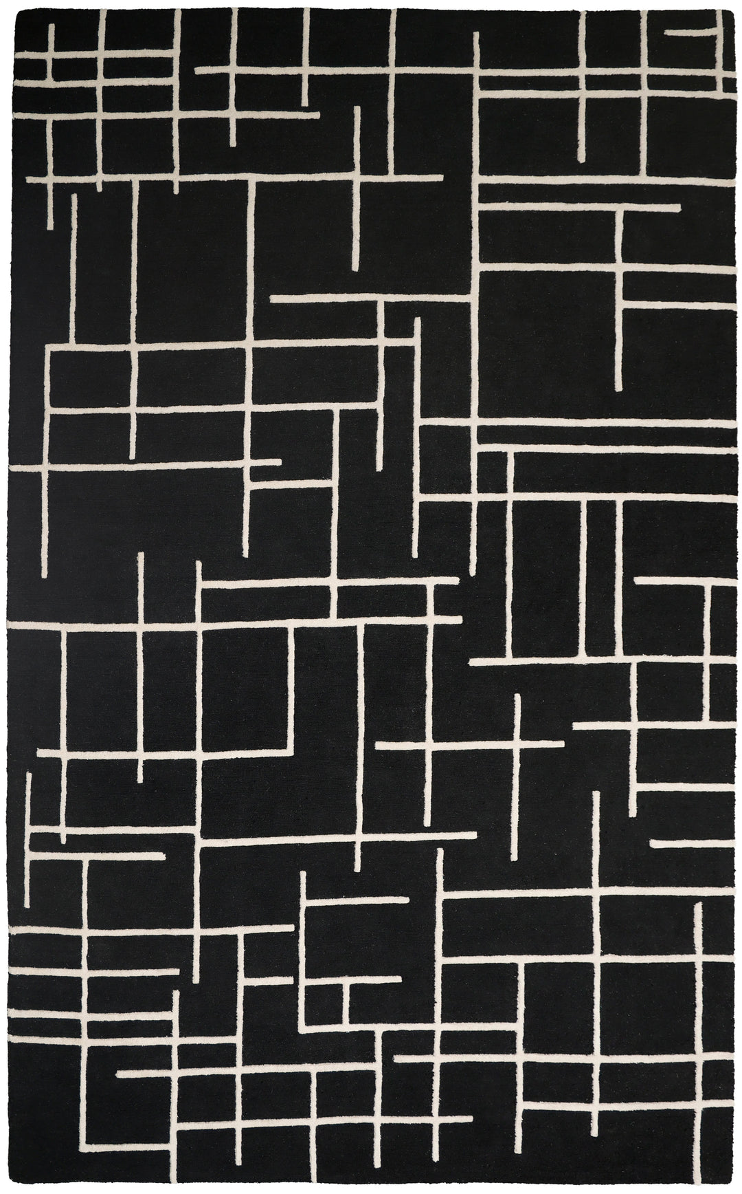 A square black rug with a cream-colored abstract geometric line pattern.