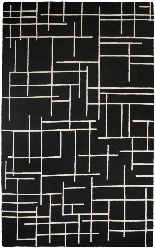 A square black rug with a cream-colored abstract geometric line pattern.