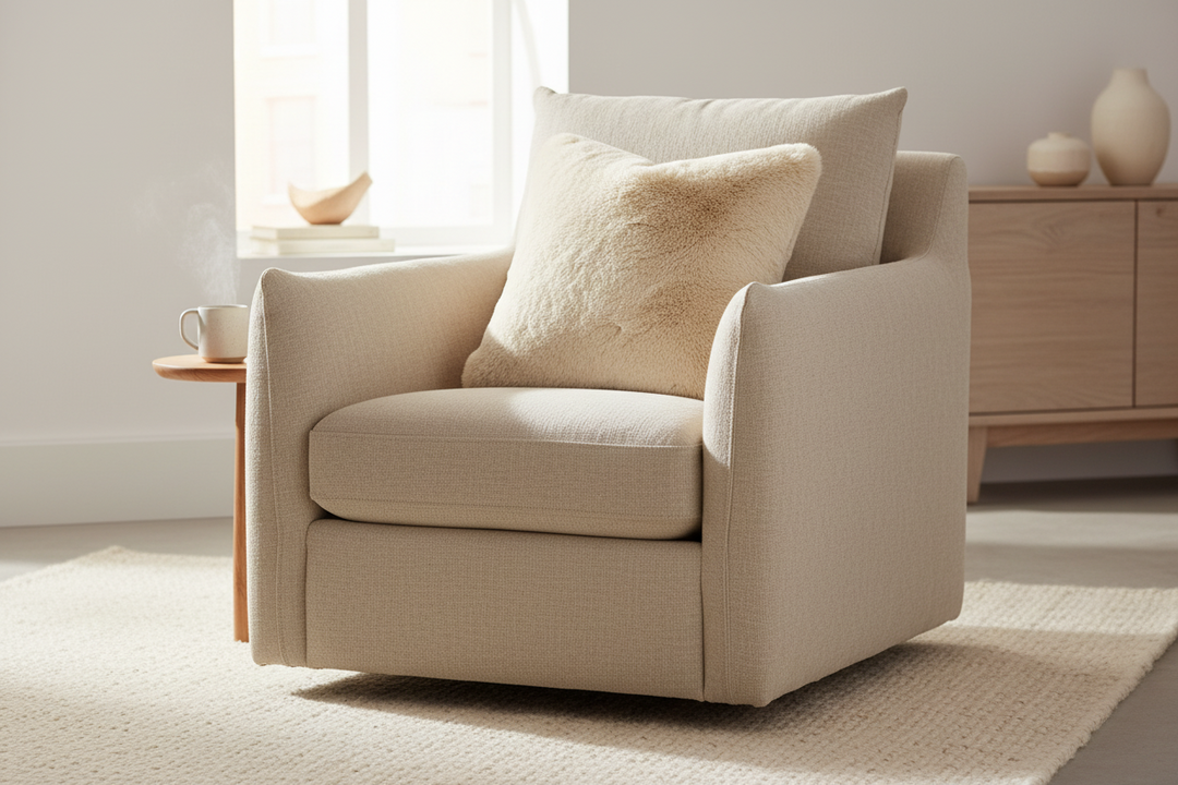 Beige armchair with cushions in a bright living room setting