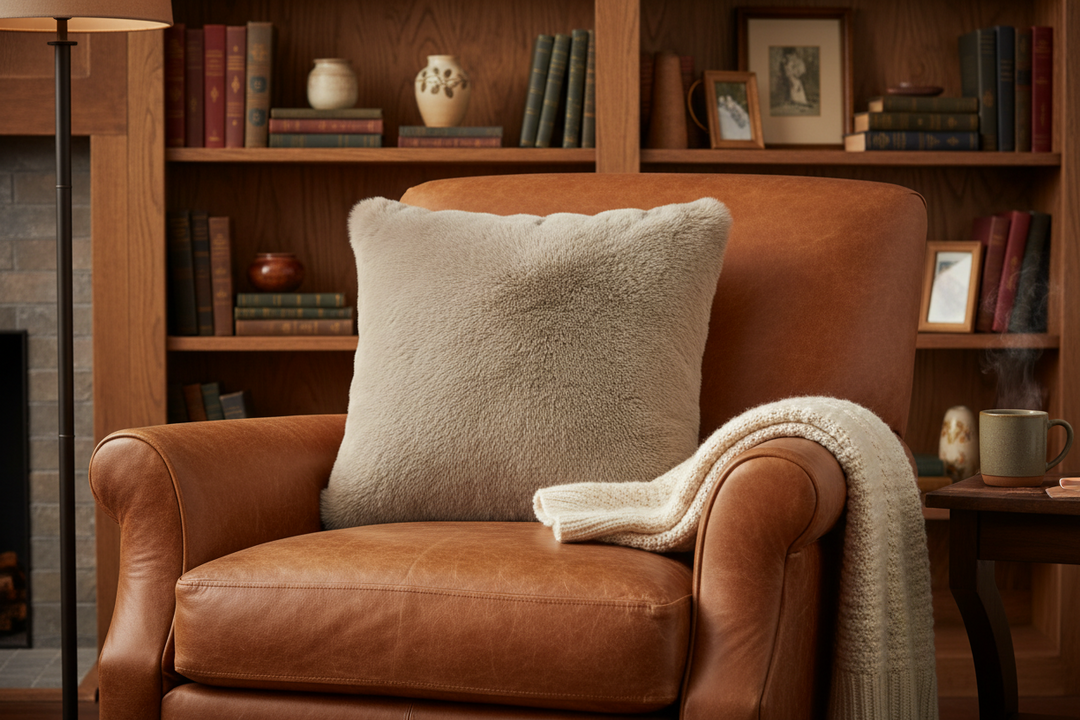 Brown armchair with a fluffy pillow and blanket in a cozy room with bookshelves and a fireplace.